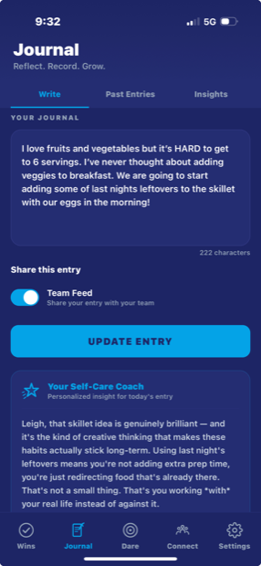 The Self-Care Dare app journal with AI coach feedback