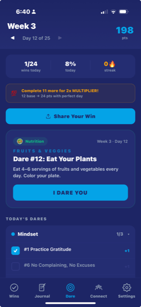 The Self-Care Dare app home screen showing today's dare