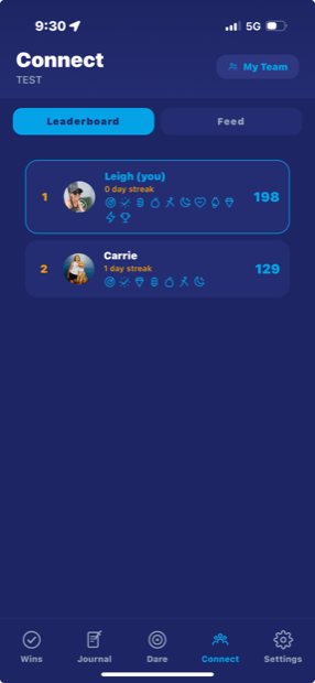 The Self-Care Dare app team leaderboard